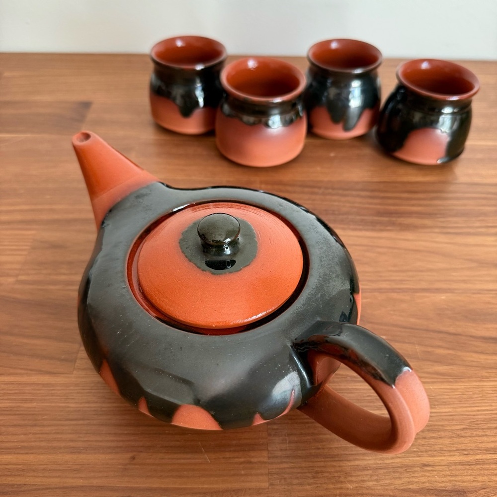 Handcrafted Terracota Pottery Tea Set with Black Glazed Drip Design